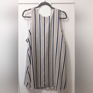 DRESS FORUM, Navy and Tan Striped Dress, Ruffled Back detail, Size Large.